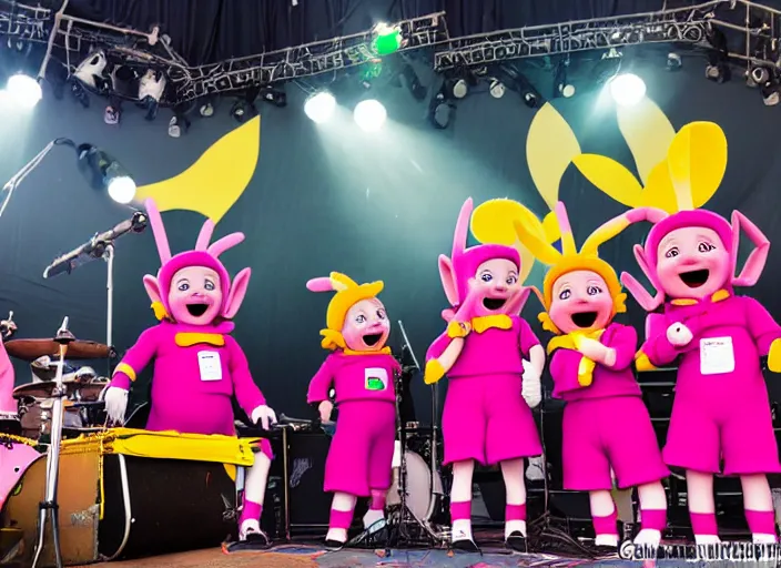 Prompt: photo still the teletubbies on stage at the vans warped tour!!!!!!!! at age 3 6 years old 3 6 years of age!!!!!!!! playing weird instruments, 8 k, 8 5 mm f 1. 8, studio lighting, rim light, right side key light