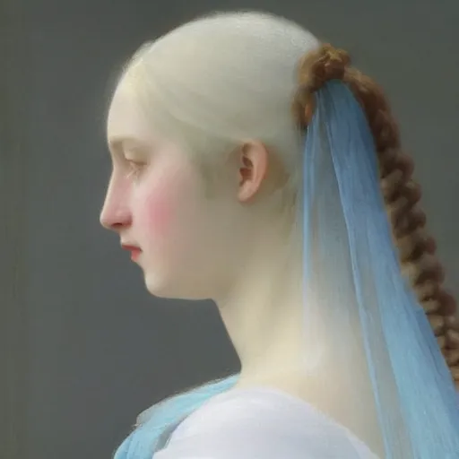 Prompt: a young woman’s face, her hair is white, she wears a long flowing blue satin veil, by ivan aivazovsky and and pieter claesz and paul delaroche and alma tadema and august malmstrom and and willen claesz heda and aelbert cuyp and gerard ter borch, hyperrealistic, rendered in octane