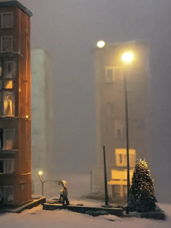 Prompt: small diorama a soviet residential building, lights are on in the windows, dark night, two man fighting for bottle of vodka on yard in front of building, cozy atmosphere, fog, cold winter, snowing, streetlamps with orange volumetric light, birches nearby,