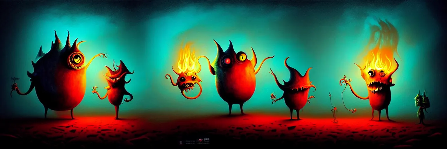 Image similar to whimsical monsters from the depths of the imagination, dramatic lighting from fire glow, surreal dark uncanny painting by ronny khalil