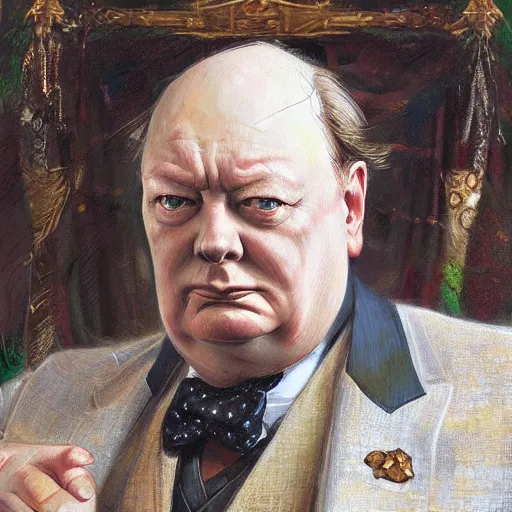 Image similar to Winston Churchill as a fantasy D&D merchant, portrait art by Donato Giancola and James Gurney, digital art, trending on artstation