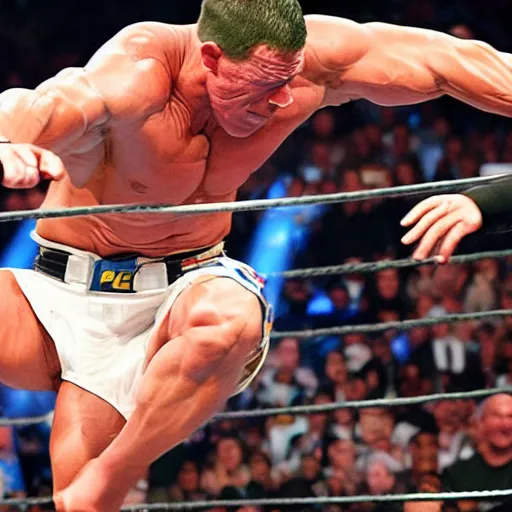 Prompt: the peacemaker john cena kicking a down down