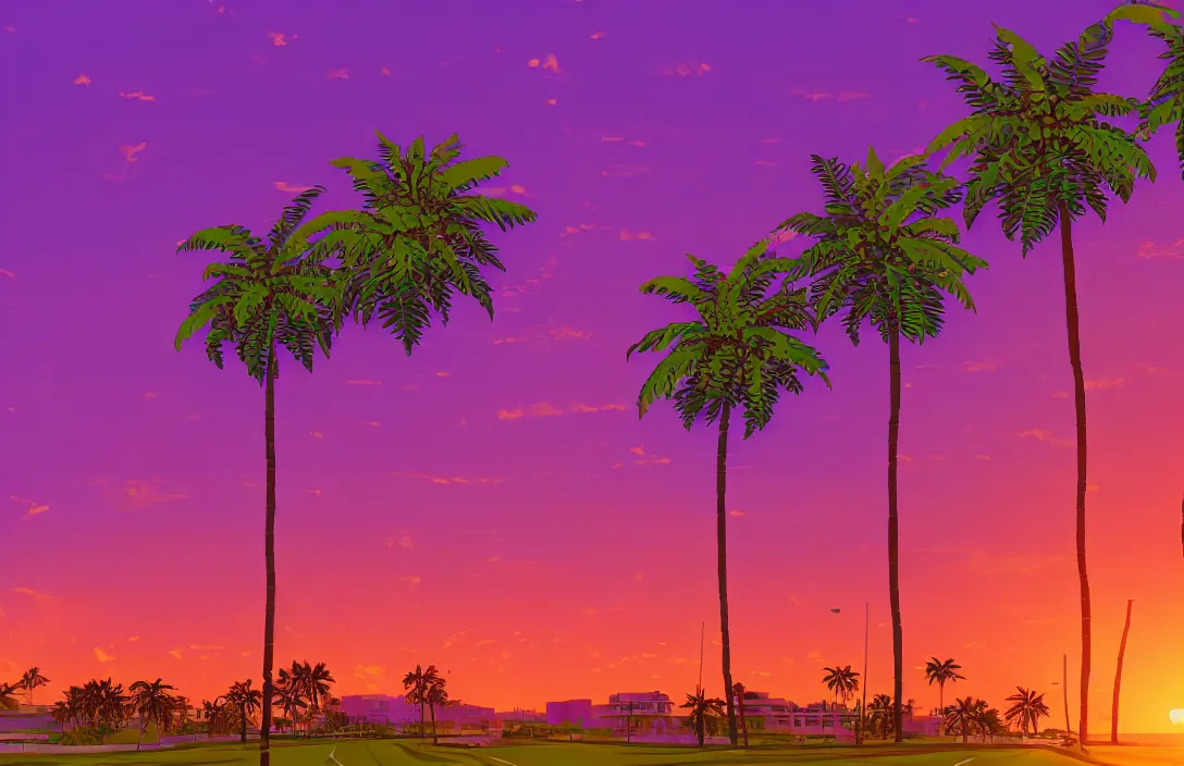 Image similar to a vaporwave landscape with palm trees at the sides of an highway, the sun setting in the background, orange and purple tones, high definition, 8 k, lo - fi, aesthetic