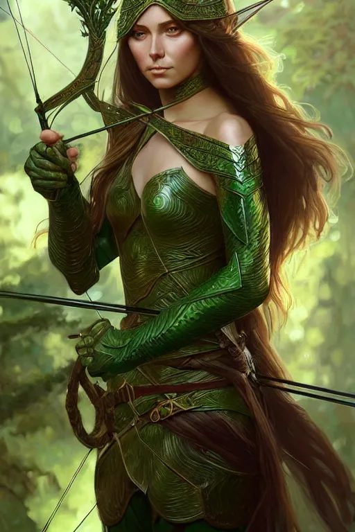 Image similar to female elven Archer armor made of green leaves, fantasy, amber eyes, face, long hair, intricate, elegant, highly detailed, digital painting, artstation, concept art, smooth, sharp focus, illustration, art by artgerm and greg rutkowski and alphonse mucha