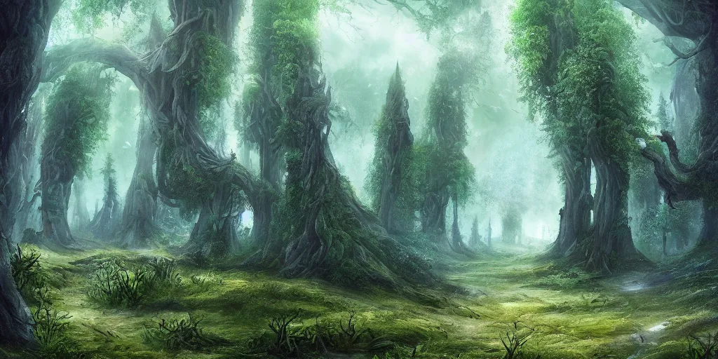 Image similar to beautiful matte painting of a fantasy forest