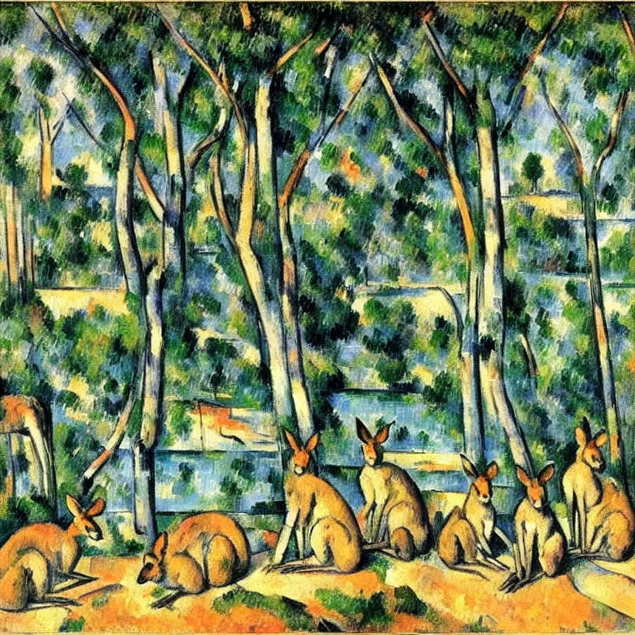 Prompt: five kangaroos bathing in a lake. an oil painting by paul cezanne