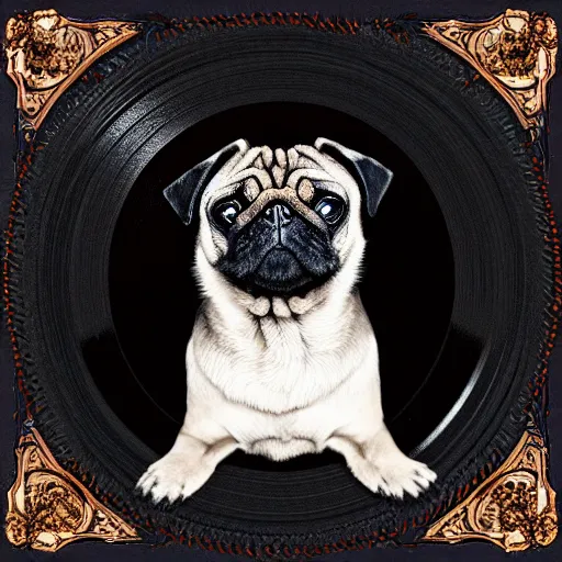 Image similar to pug dog with an emo haircut on a record cover, intricate detail, high contrast, studio photo, well lit,