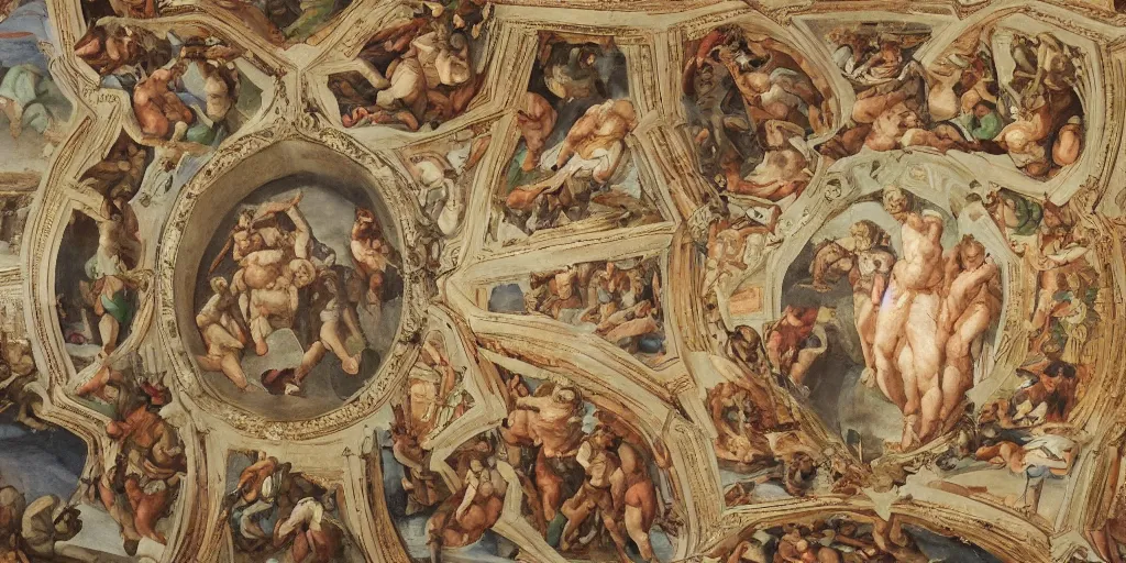 Image similar to intricate 2 1 savage sistine ceiling 1 5 0 8 chapel hand painting michelangelo renaissance