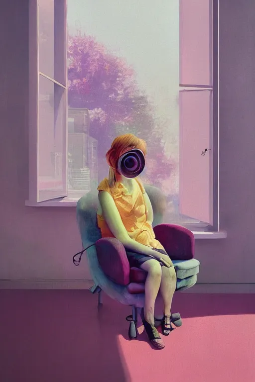 Prompt: closeup, massive flower face, white woman sitting on lounge chair by a modern window, surreal photography, studio light, impressionist painting, digital painting, artstation, simon stalenhag