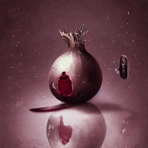 Image similar to sad onion with realistic human eyes crying blood , dark surrealism, Greg Rutkowski