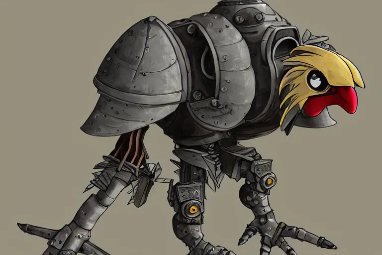 Image similar to heavily armoured mechanical chicken by studio ghibli