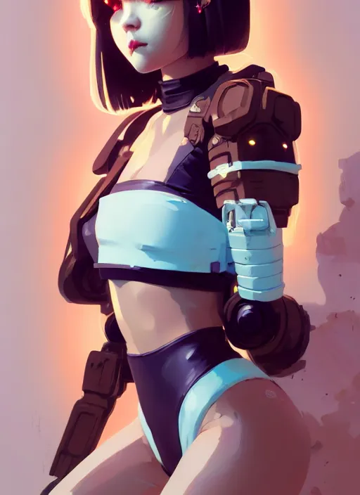 Image similar to portrait of cute maiden girl in cyber bikini armor, face by ilya kuvshinov, warhammer, cyberpunk, by atey ghailan, by greg rutkowski, by greg tocchini, by james gilleard, by joe fenton, by kaethe butcher, dynamic lighting, gradient light blue, brown, blonde cream and white color in scheme, grunge aesthetic