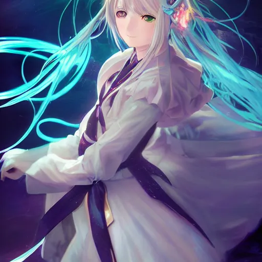 Image similar to clear portrait of anime girl violet evergarden cosplay hatsune miku, black background, light effect, anime style hyper detailed, illustration, bloody, intricate, elegant, digital painting, artstation, smooth, sharp focus, art by artgerm and greg rutkowski and alphonse mucha.