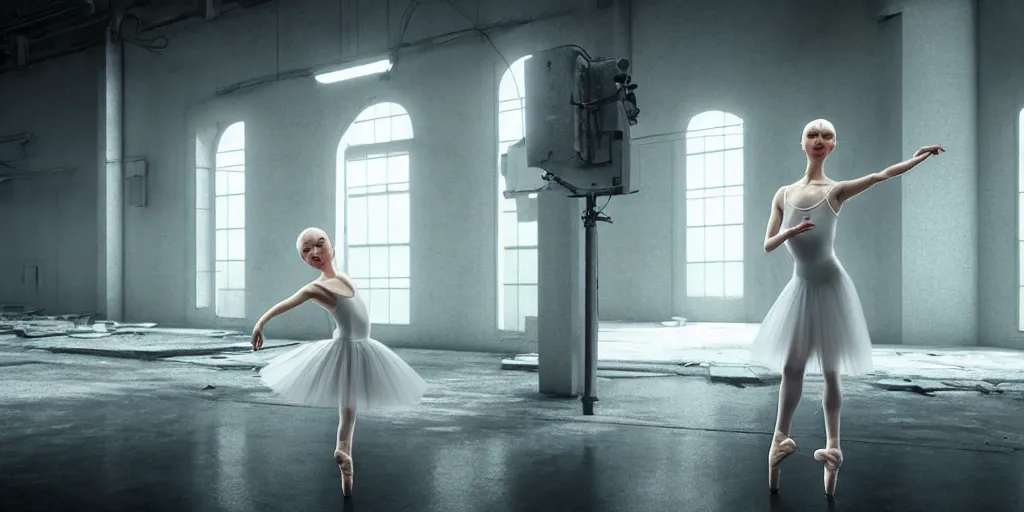 Image similar to russian ballerina with white bob cut and sweet face dances in an abandoned factory, studio ghibli, epic, realistic traits, photographic render, octane render, many lights, ridley scott bladerunner mood