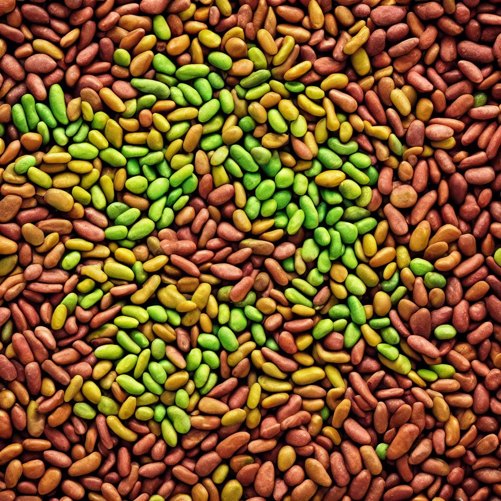 Image similar to large spiral of multicolor soy beans, with large leaves and fractal roots, over vivid dark wood table, food photography. super detailed. masterpiece