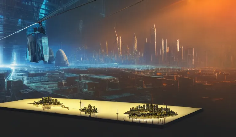 Image similar to large group of people in simple warehouse, looking at hologram of futuristic city on a table, cinematic concept art, godrays, golden hour, natural sunlight, 4 k, clear details, tabletop model buildings, center model buildings, hologram center, crane shot, crane shot, crane shot