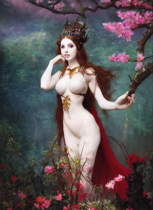 Image similar to Amouranth as an evil princess by Frederick Edwin Church and James Jean, rule of thirds, seductive look, beautiful, in Harajuku Japan during sakura season, masterpiece, Refined