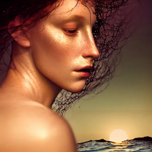 Image similar to photographic portrait of a stunningly beautiful siren renaissance female, in the water, in soft dreamy light at sunset, contemporary fashion shoot, by edward robert hughes, annie leibovitz and steve mccurry, david lazar, jimmy nelsson, extremely detailed, breathtaking, hyperrealistic, perfect face, octane render