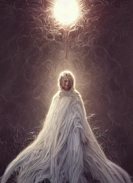 Image similar to Portrait of Sean Penn, white glowing eyes, silver shaggy hair, cloak, ethereal wings, male, fantasy, extremely detailed, digital painting, artstation, concept art, smooth, sharp focus, illustration, stunning lighting, art by artgerm and alphonse mucha and simon stalenhag, realistic character concept, high fantasy, light atmosphere, golden ratio, cinematic lighting, hyperdetailed, high resolution, insanely detailed and intricate, Marc Simonetti, Greg Rutkowski, 8k