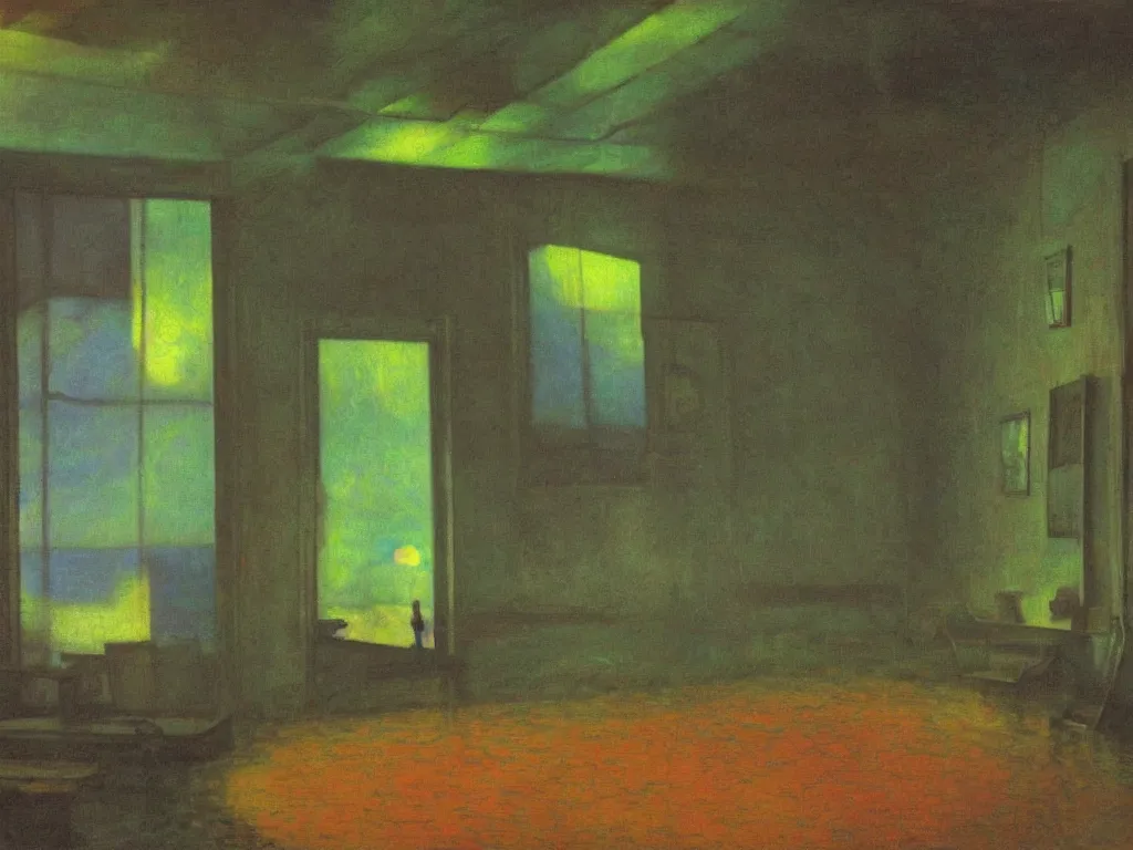Image similar to interior of a flooded old house. aurora borealis. iridescent, psychedelic colors. painting by hammershoi, monet, georges de la tour, mark rothko, agnes pelton, hockney