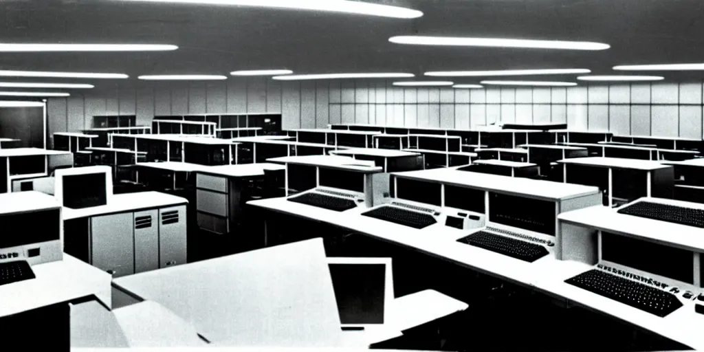 Image similar to a large 1970's computing room with 9-track machines and glowing screens. by IBM by Amdahl.