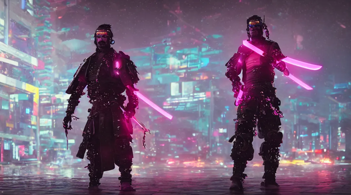 Prompt: cyberpunk samurai, wearing fluorescent clothing, glowing katana, rain, octane render, unreal engine