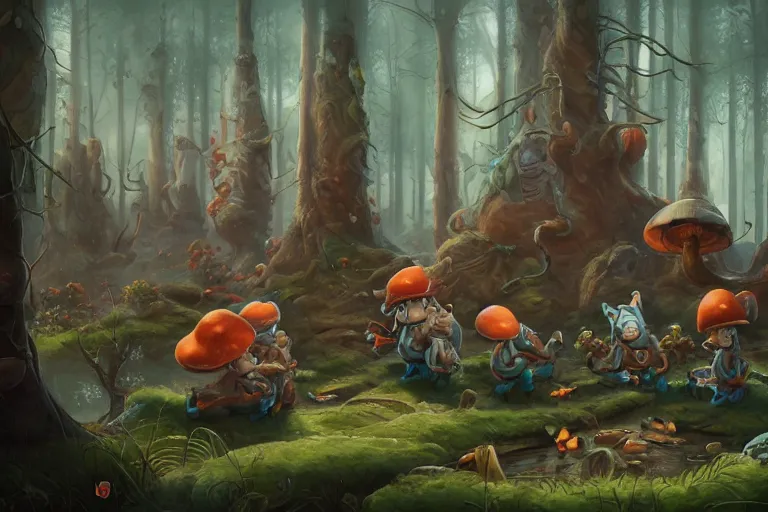 Prompt: detailed painting of dwarfs in the moosy forest clearing drinking mushroom nectar, in the style of peter mohrbacher, james jean, artgerm, dramatic lighting and composition, surreal background, octane render, pixar, trending on artstation, concept art, comic book, 8 k