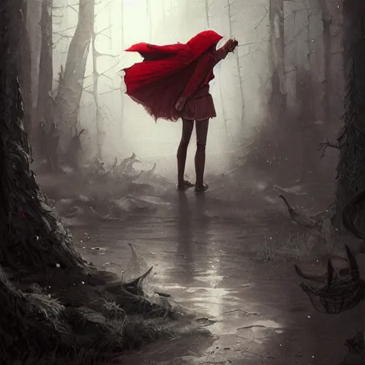 Prompt: cute Little red riding hood stands there crying, tear rolling down cheek, detailed intricate ink illustration, dark atmosphere, detailed illustration, hd, 4k, digital art, overdetailed art, concept art, by greg rutkowski, by loish, complementing colors, Trending on artstation, deviantart