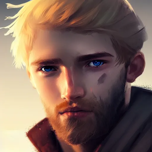 Image similar to a rugged young knight with blonde hair and blue eyes and a short beard and a scar under his left eye by Greg_Rutkowski, realistic, detailed, masterpiece, ArtStation