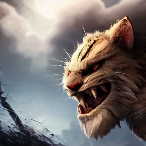 Image similar to rengar from league of legends, cinematic, 4 k, very detailed, beautiful rendering, realistic fur, cgtrader, artstation, global illumination, volumetric lighting, dramatic