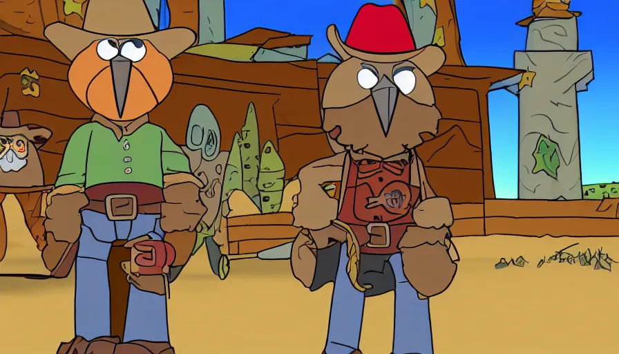 Prompt: 2000s cartoon show screenshot about a gunslinging owl from the wild west, wearing a cowboy hat an eye mask, standing in an old west town the animated show, in the style of cowboys of moo mesa