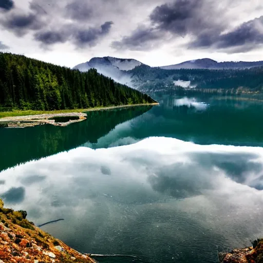 Image similar to beautiful still lake with reflective water, low mountains and beautiful far clouds