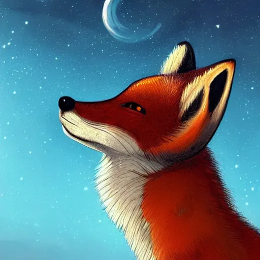 Prompt: anthro fox looking up at the night sky through a telescope, fantasy, high detail, artstation