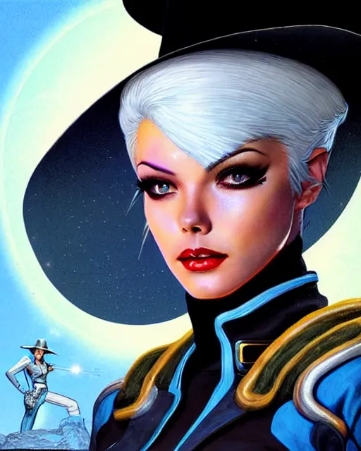 Image similar to ashe from overwatch, white hair, black cowboy hat, space cowgirl, character portrait, portrait, close up, concept art, intricate details, highly detailed, vintage sci - fi poster, retro future, in the style of chris foss, rodger dean, moebius, michael whelan, and gustave dore