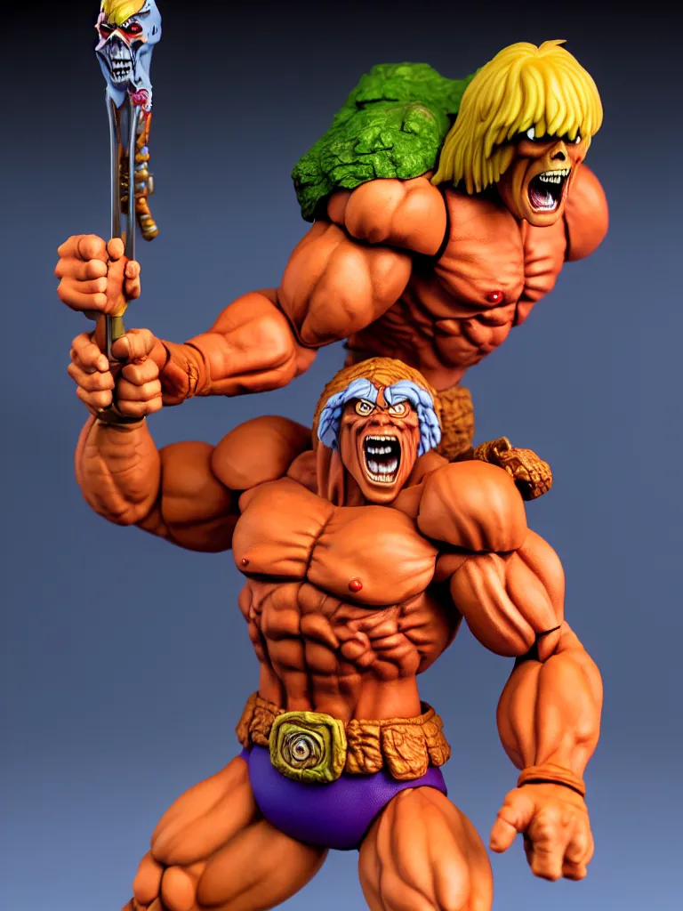 Prompt: hyperrealistic rendering, he - man by art of skinner and richard corben and jeff easley, product photography, action figure, sofubi, studio lighting, colored gels
