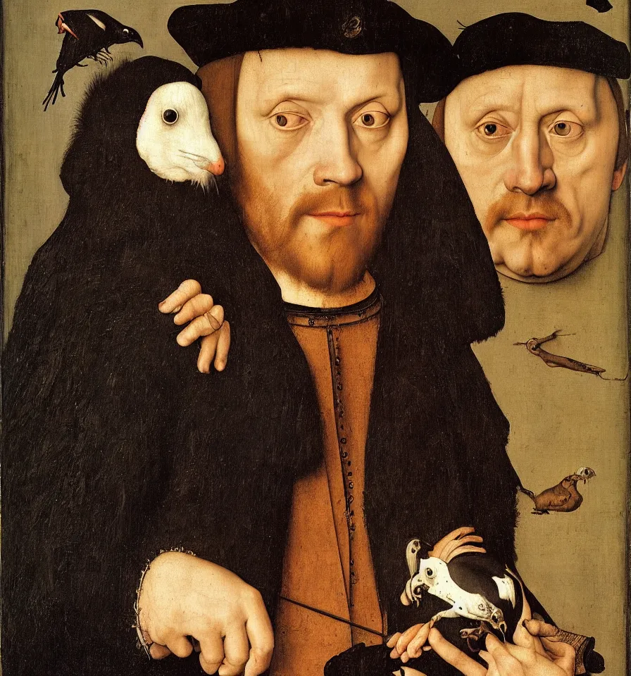 Image similar to painted portrait of a gloomy boy with a rat and a raven, 1 6 th century, hans holbein the younger, jan van eyck, gerit dou, w