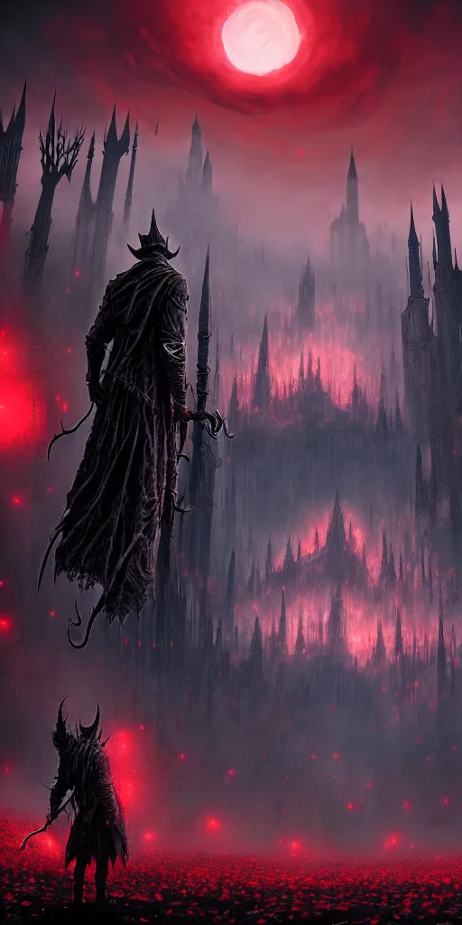 Image similar to populated bloodborne old valley with a dark person at the centre and a ruined gothic city in the background, trees and stars in the background, falling red petals, epic red - orange moonlight, perfect lightning, wallpaper illustration by niko delort and kentaro miura, 4 k, ultra realistic