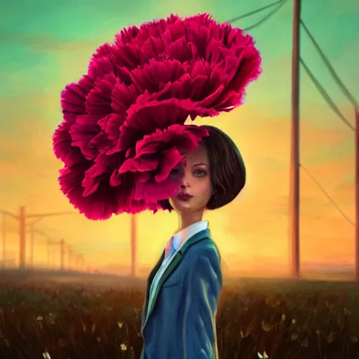 Image similar to giant carnation flower head, frontal, girl in a suit, surreal photography, sunrise, dramatic light, impressionist painting, digital painting, artstation, simon stalenhag