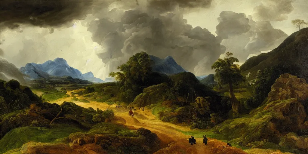 Prompt: a dramatic landscape painting of a mountain with a path leading into fields and forest, raining, storm, thunder, by joachim patinir, oil on canvas, highly detailed, hd, 4 k