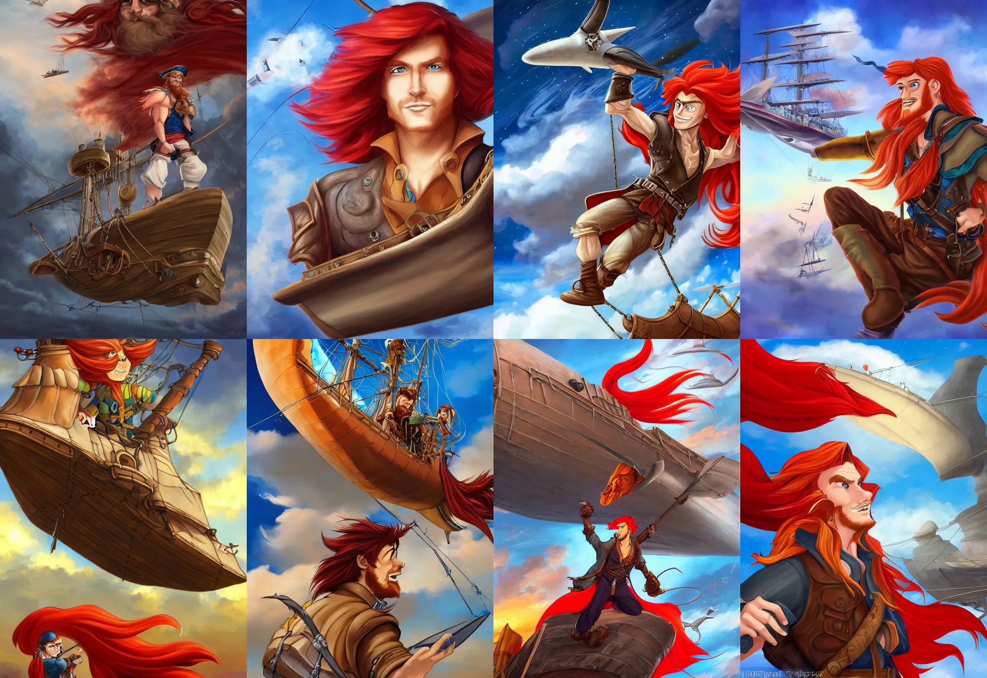 Prompt: a long haired, red headed male sky - pirate in front of an airship full color digital illustration in the style of don bluth, artgerm, artstation trending, 4 k