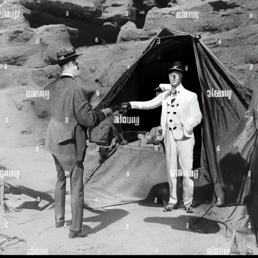 Image similar to English gentleman silent movie star performs monologue to archaeologist expedition audience at dig site in Egypt to distract them while his accomplishes sneak into expedition leader's tent. set in 1920s