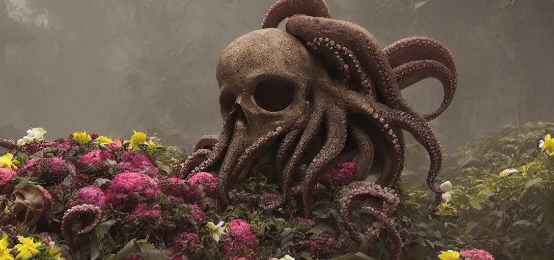 Prompt: an octopus in the shape of a skull surrounded by flowers at midnight, thick fog!, cinematic shot, photo still from movie by denis villeneuve, wayne barlowe