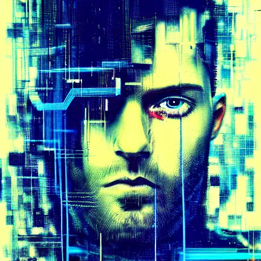 Image similar to hyperrealistic portrait of a cyberpunk man, long hair, by Guy Denning, Johannes Itten, Russ Mills, glitch art, glitch eyes, hacking effects, glitch effects, digital tech effects, cybernetics, detailed lines, chromatic, color blocking!, oil on canvas, highly detailed, symmetrical, octane, concept art, abstract, blue and black, 8k, cinematic, trending on artstation