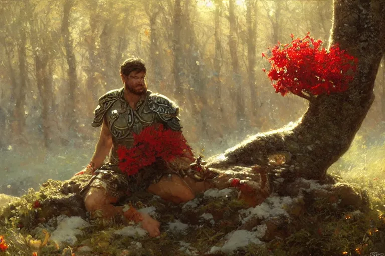 Image similar to winter, a male warrior relaxing under a huge tree with red flowers, sun shining on him, god ray, ground covered with snow, fantasy, painting by gaston bussiere, craig mullins, j. c. leyendecker, trending on artstation