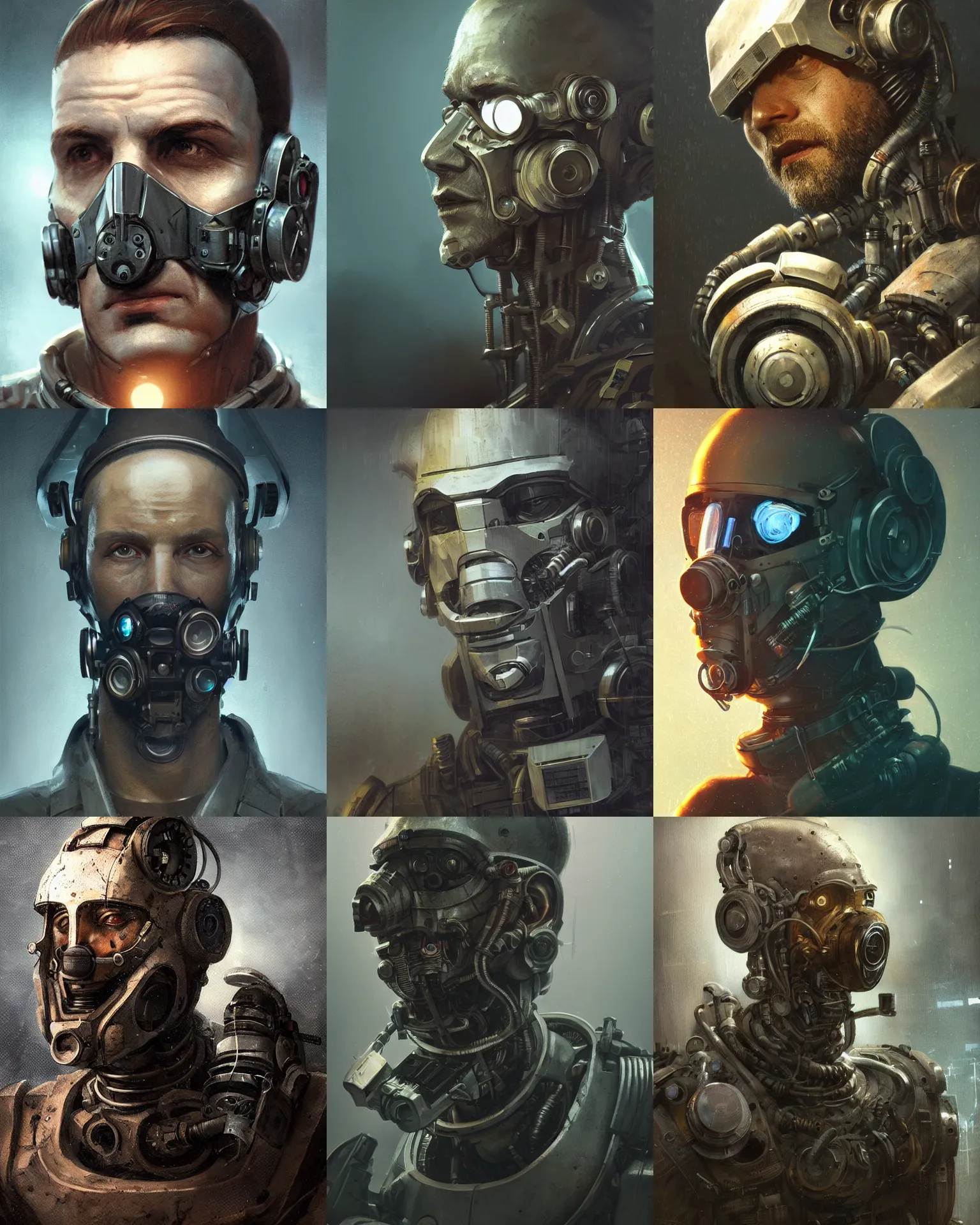 Prompt: a rugged research engineer man with cybernetic enhancements, detailed microscope mask, scifi character portrait by greg rutkowski, esuthio, craig mullins, 1 / 4 headshot, cinematic lighting, dystopian scifi gear, gloomy, profile picture, mechanical, half robot, implants, steampunk, warm colors
