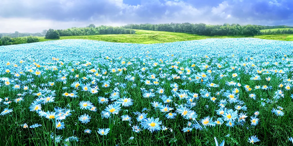 Prompt: field of light blue daisies, matte painting, white sky