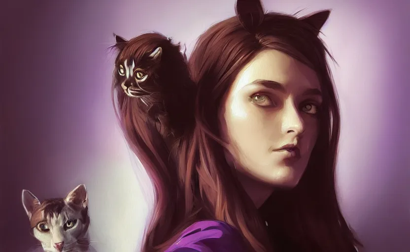Image similar to a painting of swervy trending on artstation in the style of greg rutkowski, beautiful, sensual, woman with cat, cat ears, purple, portrait