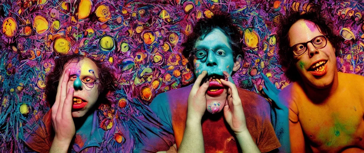 Image similar to award winning photo of a todd solondz charles thompson iv eating magic mushrooms and becoming god, sad and happy, crying and smiling franticly, vivid colors, happy, symmetrical face, beautiful eyes, studio lighting, wide shot art by sally mann & arnold newman