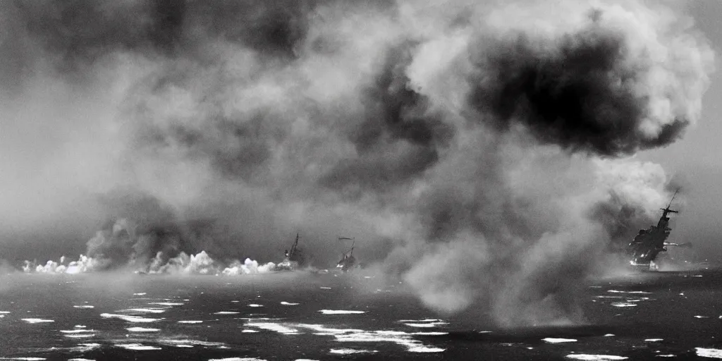 Prompt: naval invasion of the coast, ships on fire, clouds of smoke, masses of soldiers running on the beach, fireballs, huge explosions everywhere, aerial view, cinematic extreme wide shot, high detail, 35mm film black and white photograph