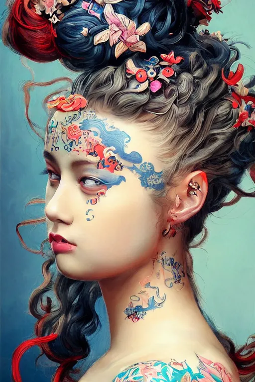 Prompt: an epic painting of a young girl, complete figure view, curly messy high bun hairstyle, oriental tattoos, subject wearing a harajuku style outfit, flowing, ornate, kawaii, beautiful, navy blue, coral red, mint, taupe, with few baby blue highlights, cinematic light, volumetric shading, by Greg Rutkowski and Jeremy Mann, trending on Artstation, 80mm lens, oil on canvas